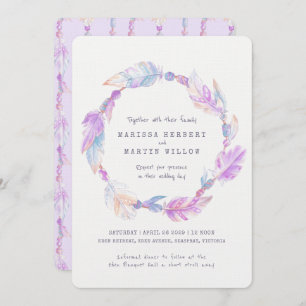 Boho feather watercolor purple wedding invites