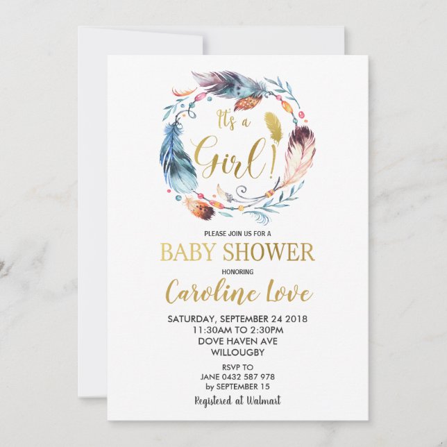 Boho Feather Wreath Baby Shower Invitation Girl (Front)