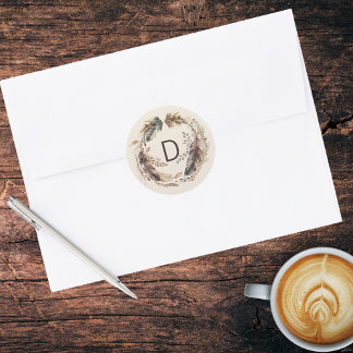 Boho Feather Wreath Monogram Classic Round Sticker