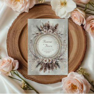 Boho Feather Wreath Pink Floral Wedding Invitation