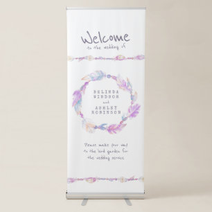 Boho feather wreath purple art welcome banner