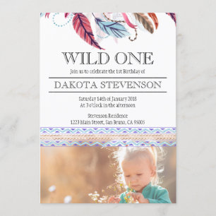 Boho Feathers 1st Birthday Photo Invitation