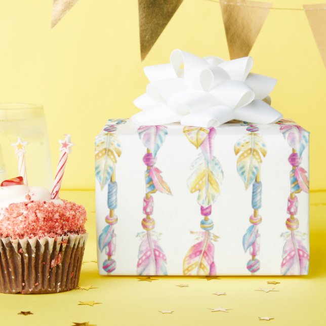Boho feathers and beads watercolor art wrap wrapping paper (Birthday Party)