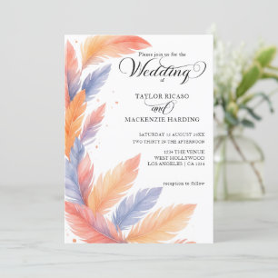 Boho feathers and elegant script photo wedding invitation