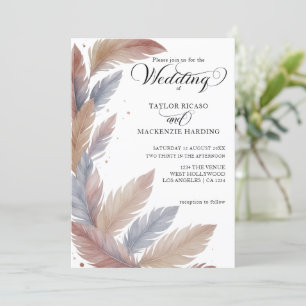 Boho feathers and elegant script photo wedding invitation