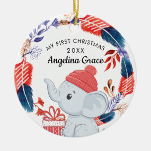 Boho Feathers and Elephant Baby's 1st Christmas Ceramic Tree Decoration