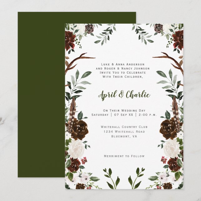 Boho Feathers Antlers Flowers Botanicals Frame Invitation (Front/Back)