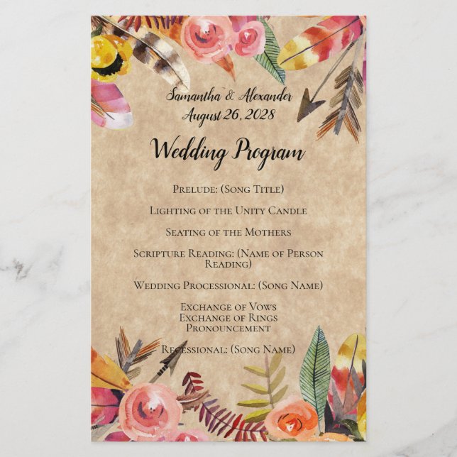 Boho Feathers Arrows Flowers Rustic Wedding (Front)