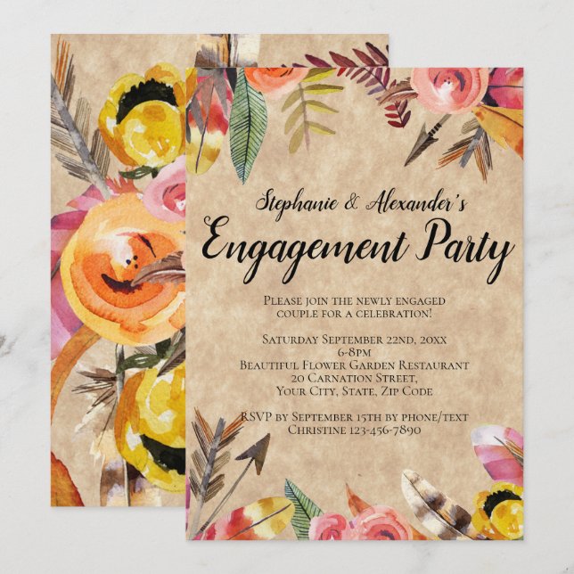 Boho Feathers Arrows Flowers Rustic Wedding Invitation (Front/Back)