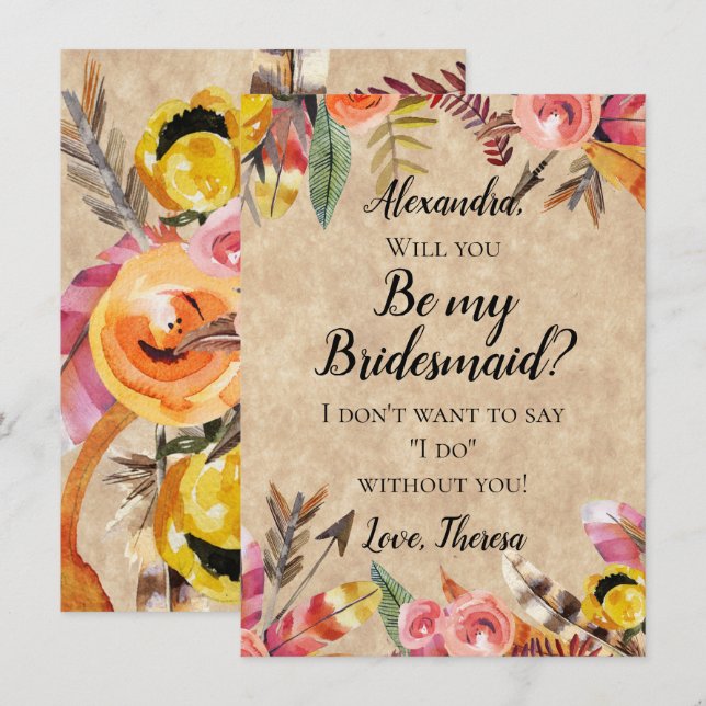 Boho Feathers Arrows Flowers Rustic Wedding Invitation (Front/Back)