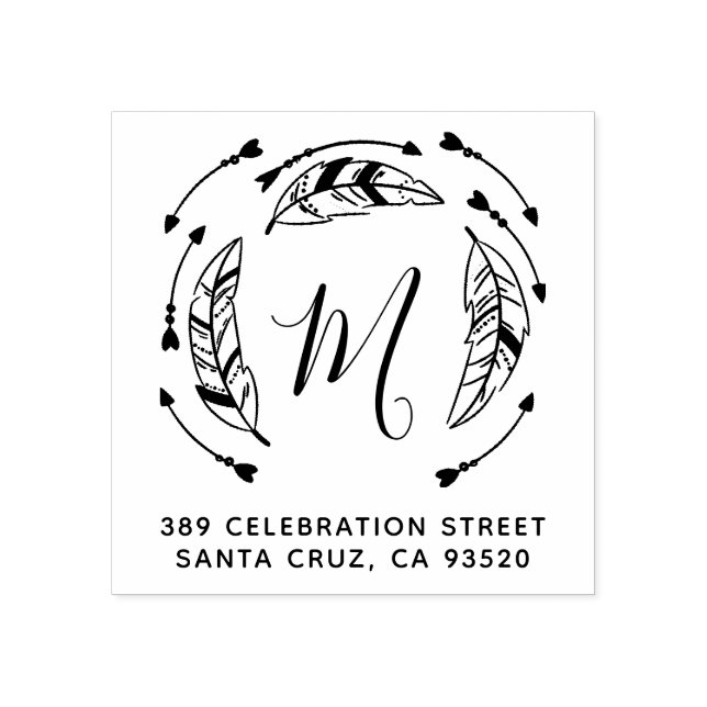 Boho Feathers & Arrows Initial & Return Address Rubber Stamp (Imprint)