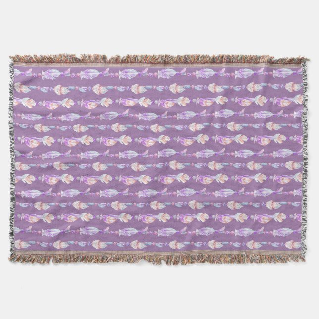 Boho feathers beads watercolor art pattern throw blanket (Front)