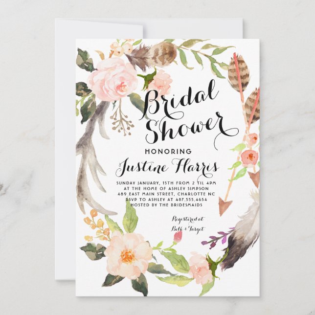 Boho feathers Bridal Shower Invitation (Front)