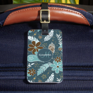 Boho feathers doodle flowers teal turquoise brown luggage tag