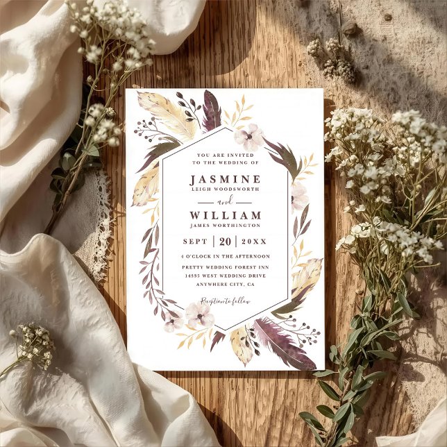 Boho Feathers Elagant Modern Chic QR Code Wedding Invitation (Creator Uploaded)