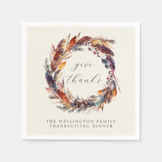 Boho Feathers Fall Foliage Thanksgiving Dinner Napkin (Front)