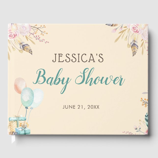 Boho Feathers Floral Baby Shower Guest Book (Front)