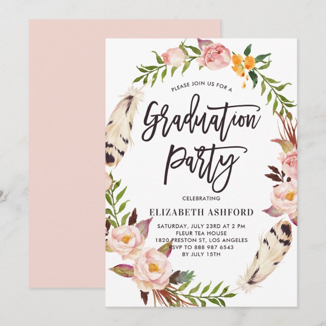 Boho Feathers & Floral Wreath Graduation Party Invitation (Front/Back)