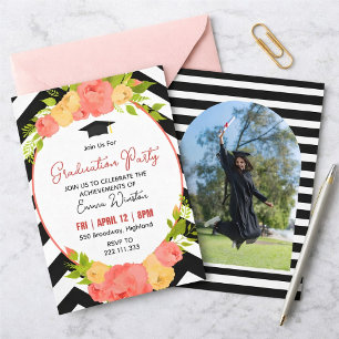 Boho Feathers & Floral Wreath Graduation Party Invitation