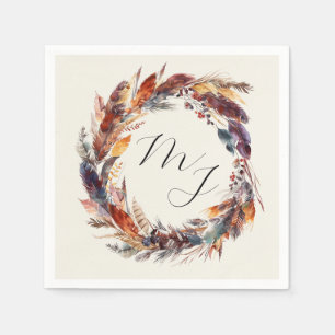 Boho Feathers Floral Wreath Monogram Wedding Napkin