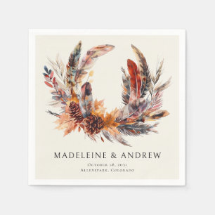 Boho Feathers Floral Wreath Monogram Wedding Napkin