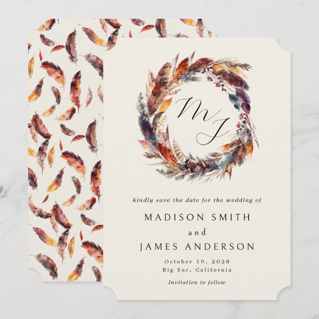 Boho Feathers Floral Wreath Monogram Wedding Save The Date (Front/Back)