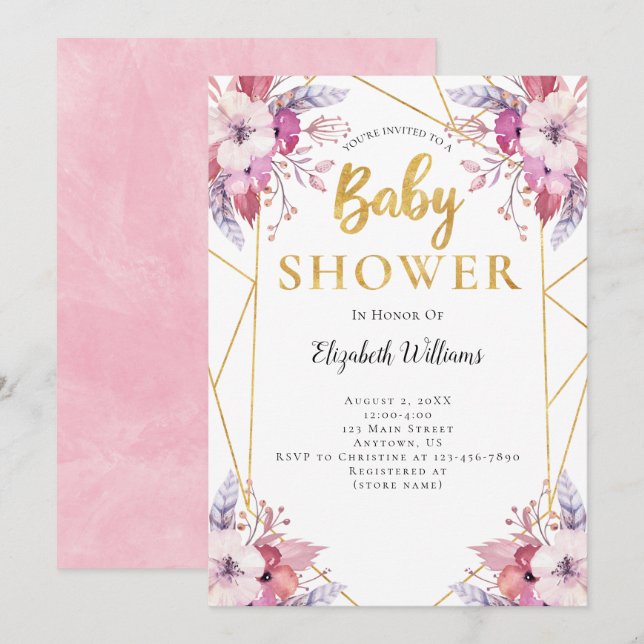 Boho Feathers Flowers Geometric Frame Baby Shower Invitation (Front/Back)