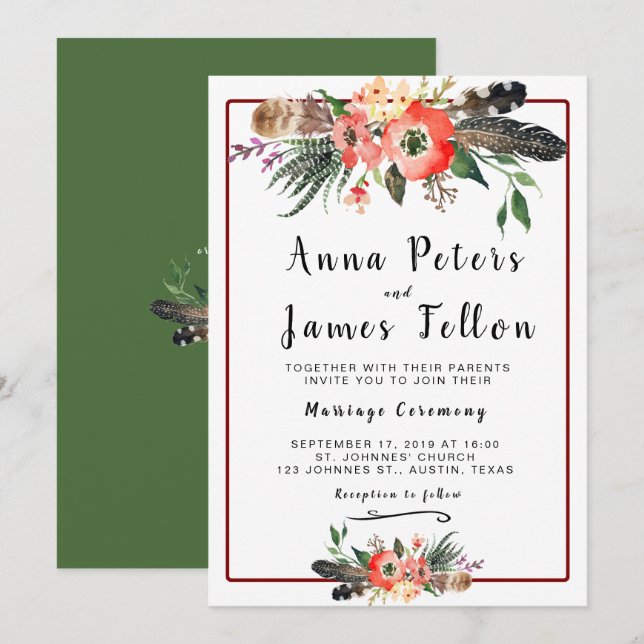Boho Feathers Flowers Succulent Floral Wedding Invitation (Front/Back)