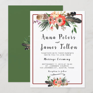 Boho Feathers Flowers Succulent Floral Wedding Invitation