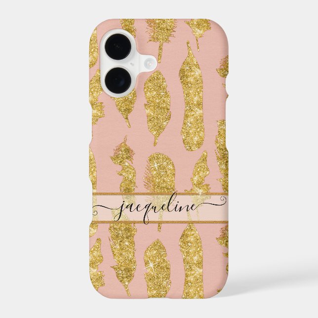 Boho Feathers Gold Glitter Blush Pink Script Name (Back)