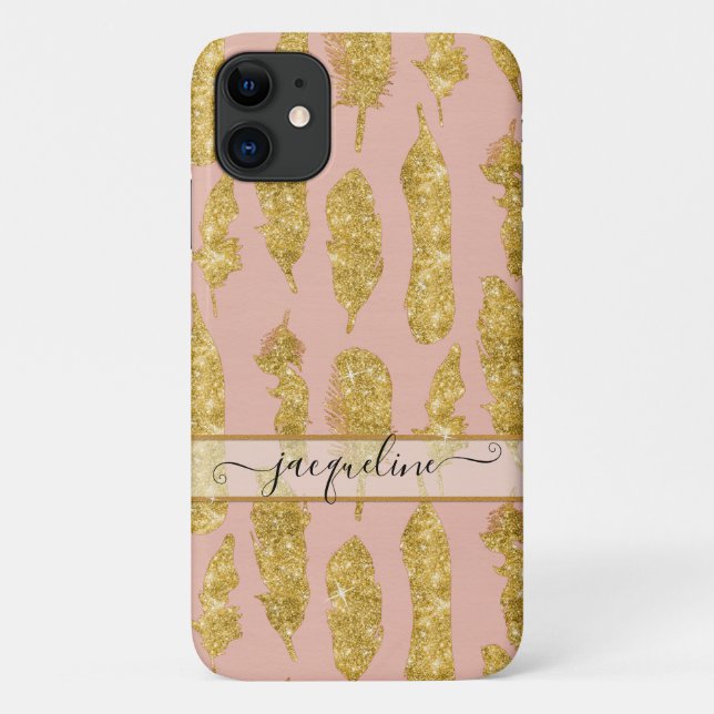 Boho Feathers Gold Glitter Blush Pink Script Name Case-Mate iPhone Case (Back)