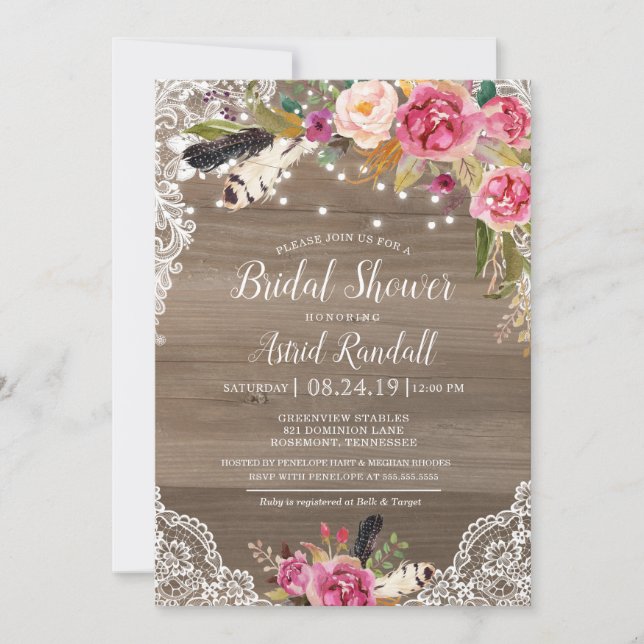 Boho Feathers & Lace Rustic Bridal or Baby Shower Invitation (Front)