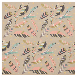 Boho Feathers on Tan Fabric