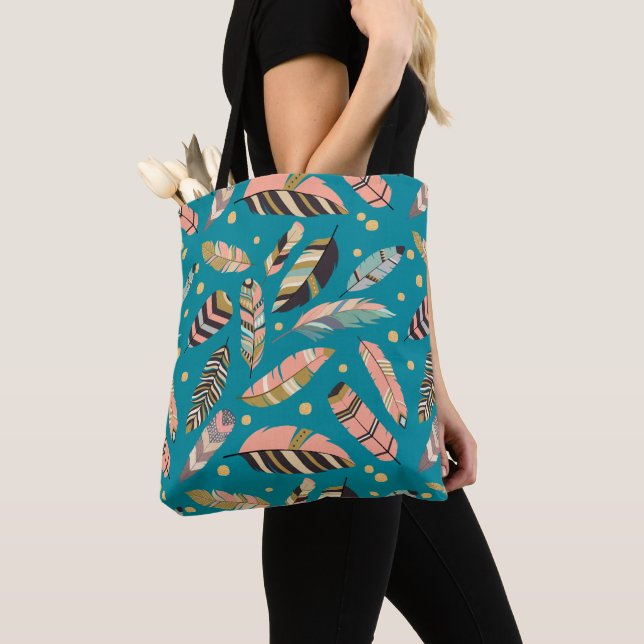 Boho Feathers on Teal Pattern Tote Bag (Close Up)