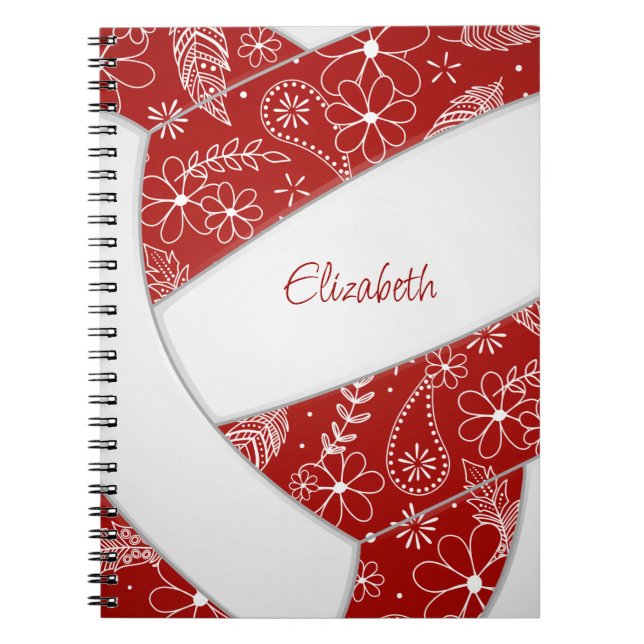 Boho feathers paislies red white volleyball notebook (Front)
