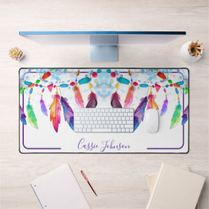 Boho feathers personalised notepad desk mat