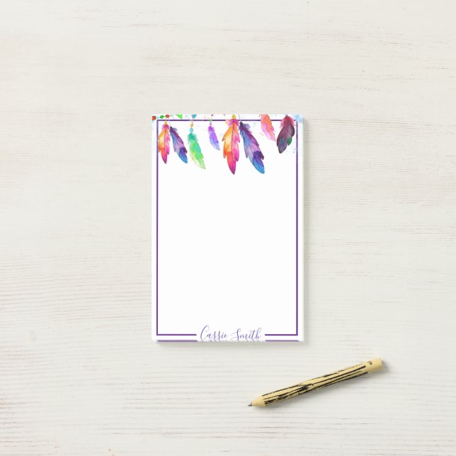 Boho feathers personalised post-it notes (On Desk)