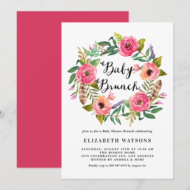 Boho Feathers Pink Floral Wreath Baby Brunch Invitation (Front/Back)