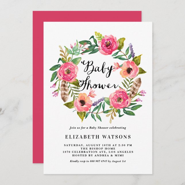 Boho Feathers Pink Floral Wreath Baby Shower Invitation (Front/Back)