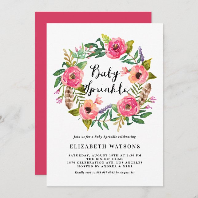 Boho Feathers Pink Floral Wreath Baby Sprinkle Invitation (Front/Back)