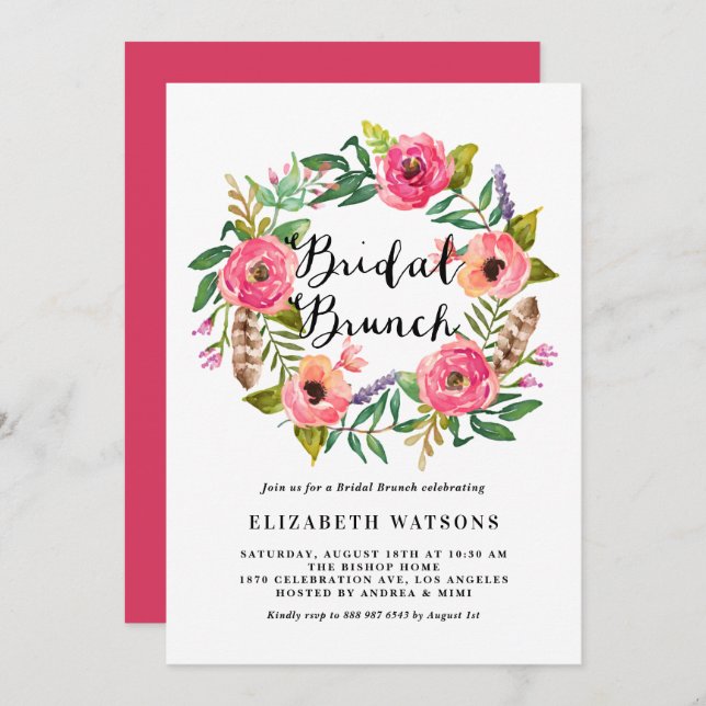 Boho Feathers Pink Floral Wreath Bridal Brunch Invitation (Front/Back)