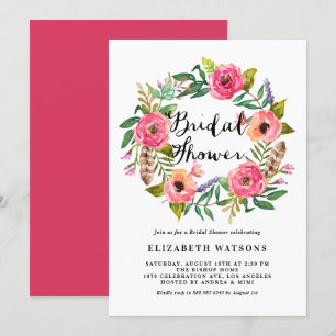 Boho Feathers Pink Floral Wreath Bridal Shower Invitation