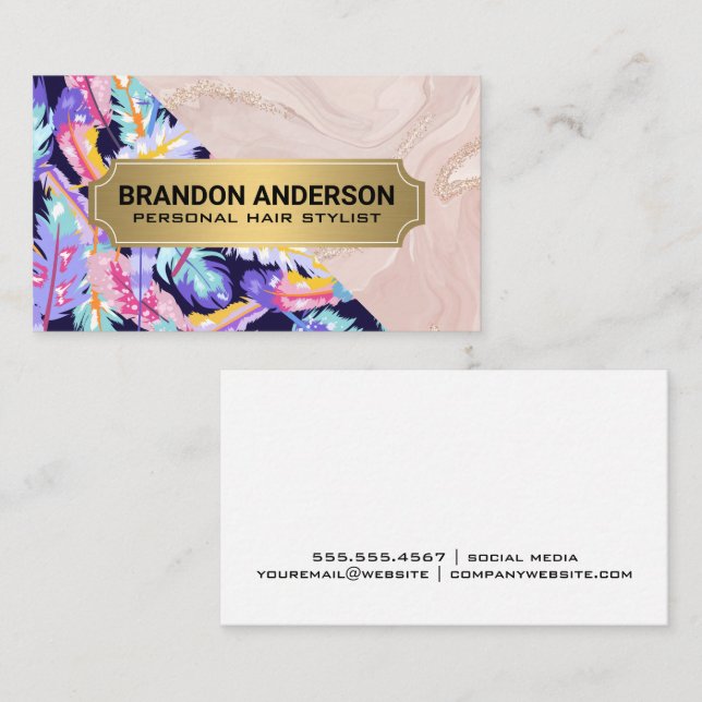 Boho Feathers | Pink Marble Business Card (Front/Back)