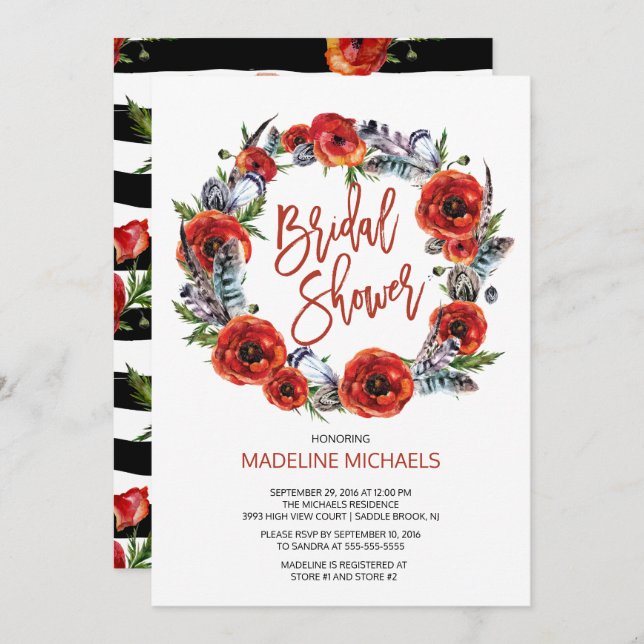 Boho Feathers Poppy Floral Fall Bridal Shower Invitation (Front/Back)