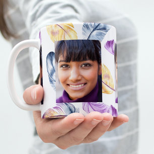 Boho feathers purple yellow white photo coffee mug