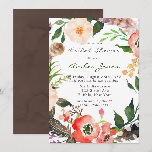 Boho Feathers Red Poppy Bridal Shower Invitation (Front/Back)