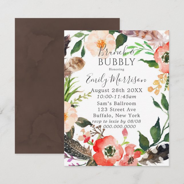 Boho Feathers Red Poppy Brunch & Bubbly Invites (Front/Back)