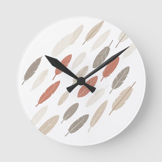  Boho Feathers Rust Taupe Diagonal Pattern Round Clock (Front)
