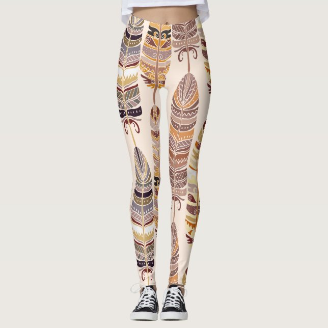Boho Feathers: Tribal Seamless Pattern Leggings (Front)