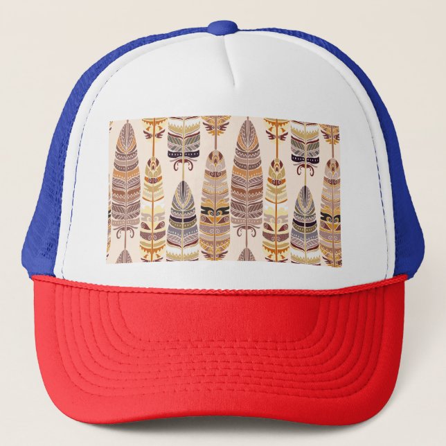 Boho Feathers: Tribal Seamless Pattern Trucker Hat (Front)